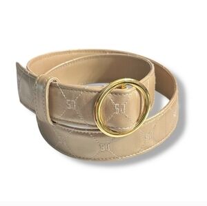 ST. JOHN Beige Pearlescent Quilted Leather Belt Embroidered Logo VINTAGE